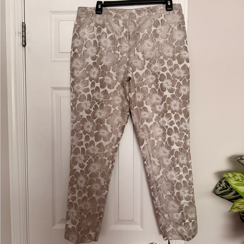 NWOT Calvin Klein Brocade Jacquard Floral Trousers Metallic Pants sz 8 gray tan